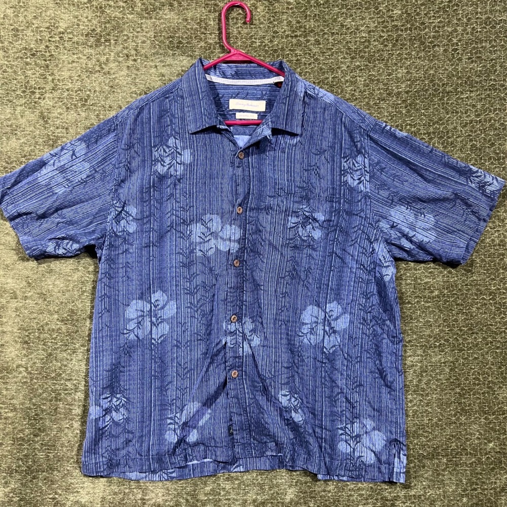 Tommy Bahama Button Down Shirt Mens XL Blue Silk Floral Stripe Original Fit